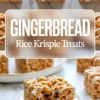 Multiple square gingerbread Rice Krispie treats topped with white icing drizzle are neatly arranged on a marble surface with a large title overlay in the center.