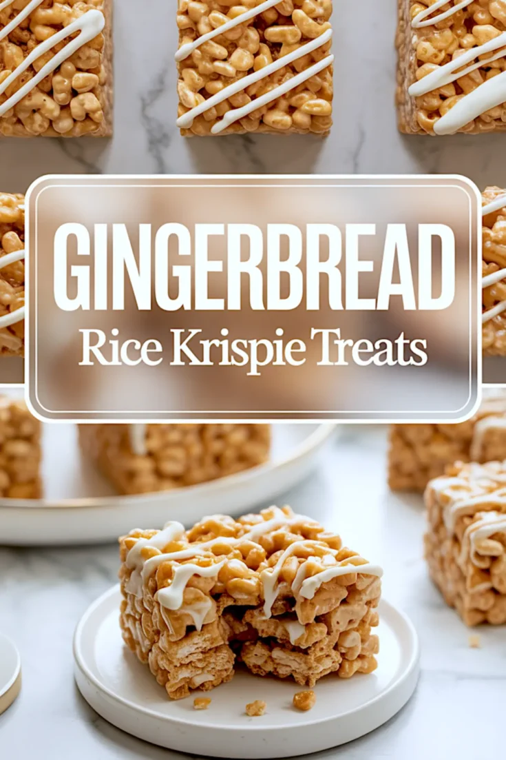Multiple square gingerbread Rice Krispie treats topped with white icing drizzle are neatly arranged on a marble surface with a large title overlay in the center.