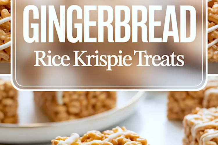 Multiple square gingerbread Rice Krispie treats topped with white icing drizzle are neatly arranged on a marble surface with a large title overlay in the center.