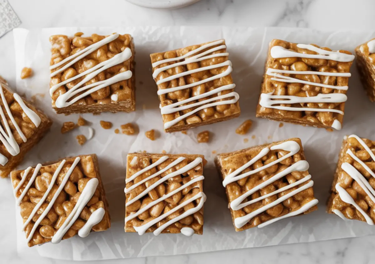 A top view of square gingerbread Rice Krispie treats lined with white icing drizzle, scattered on parchment paper, showing their texture and color clearly.
