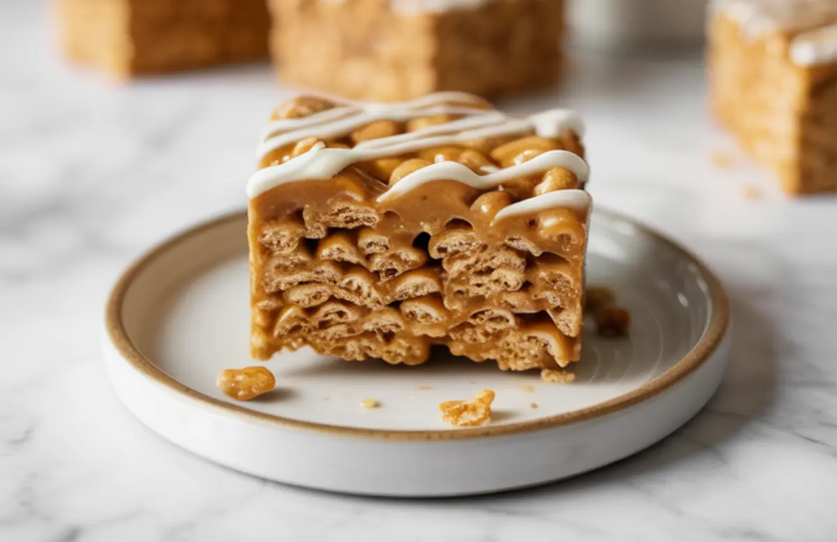 A close-up of a single gingerbread Rice Krispie treat cut to reveal its layers of crunchy cereal and smooth marshmallow blend, served on a small white plate.