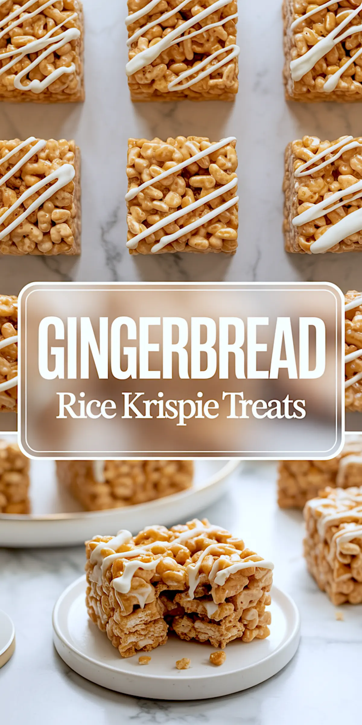 A vertical collage featuring a grid of gingerbread Rice Krispie treats above a large centered title, ending with a close-up of a dessert piece on a round white plate.