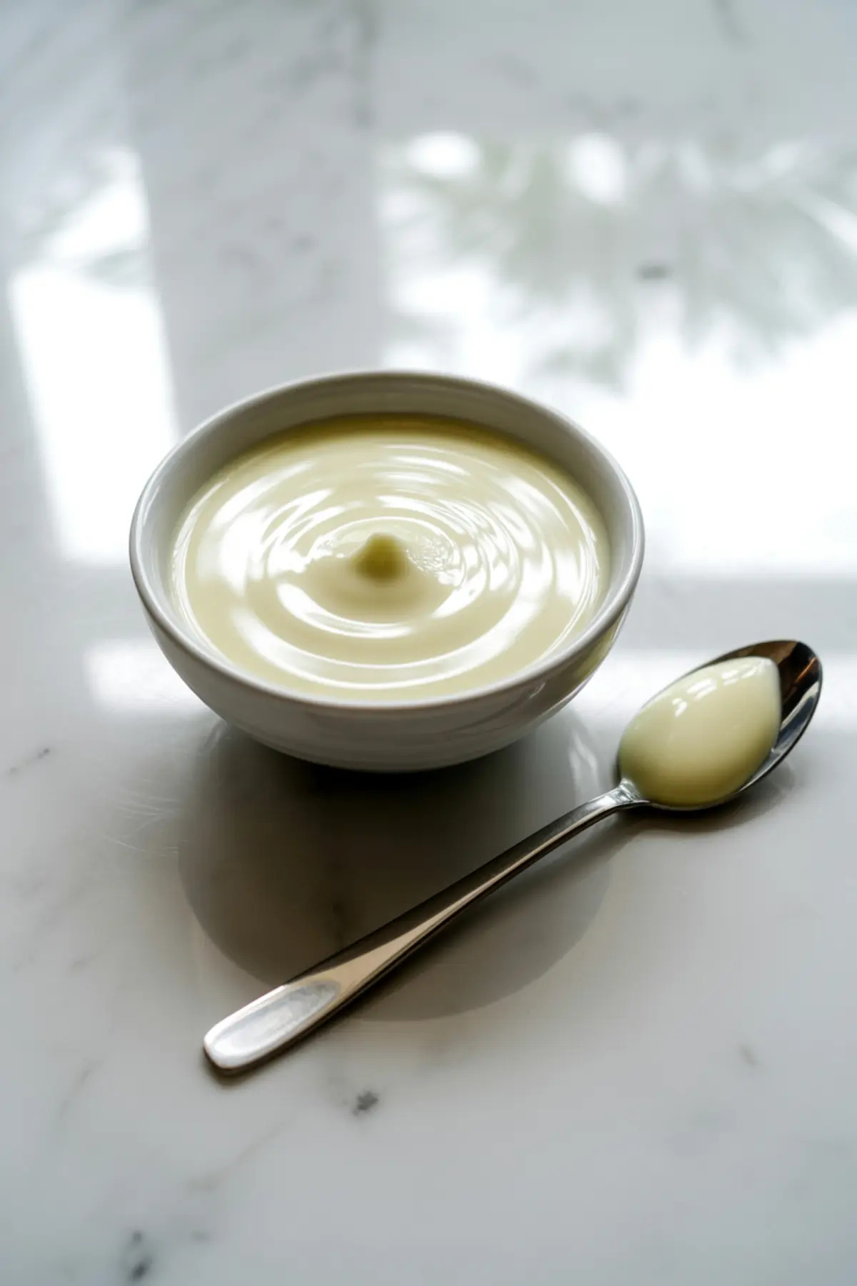 A white bowl filled with smooth sweetened condensed milk sits on a marble surface beside a spoon holding a glossy spoonful of the milk.