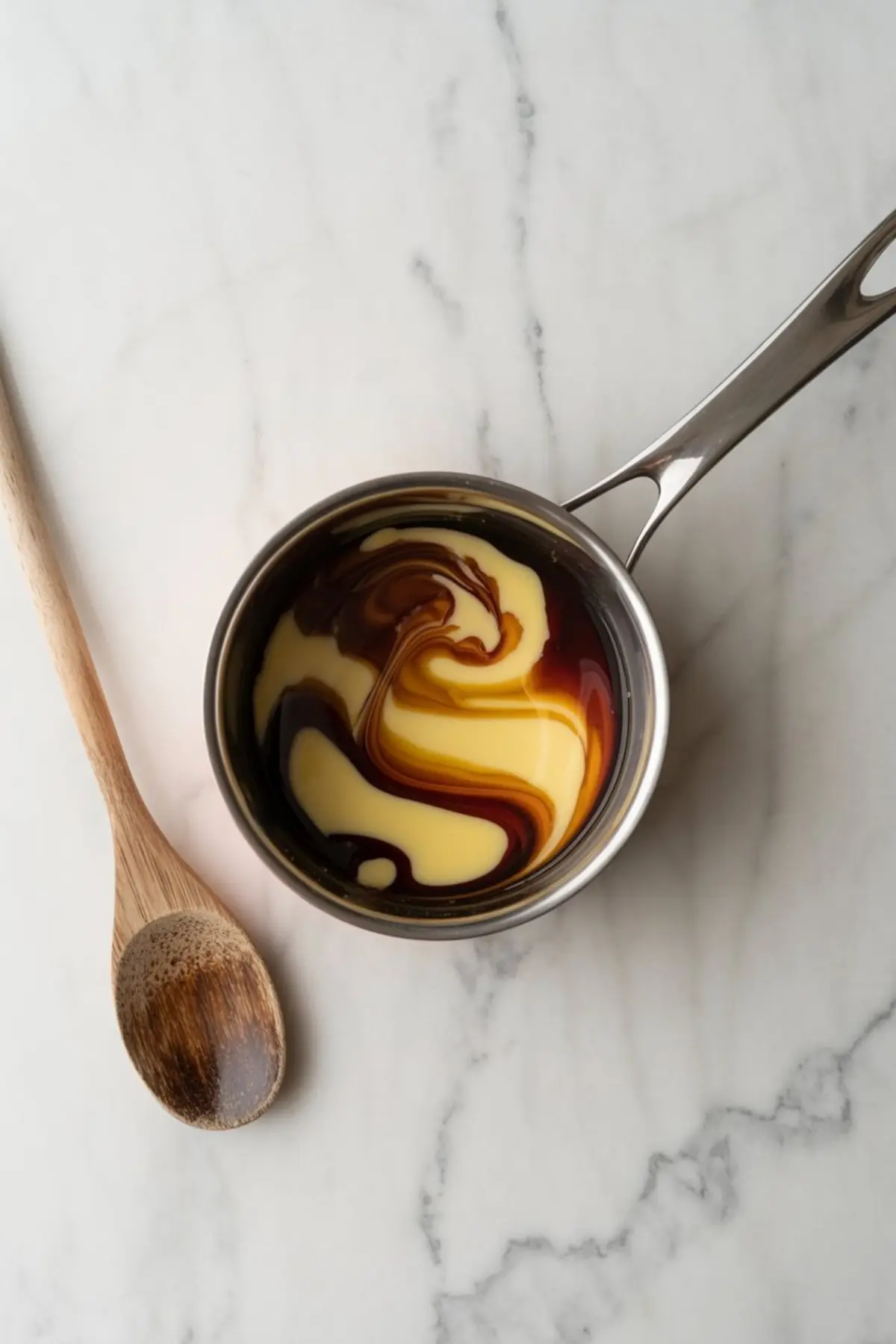 A small saucepan shows sweetened condensed milk and molasses swirled together, creating a marbled effect, with a wooden spoon resting nearby.