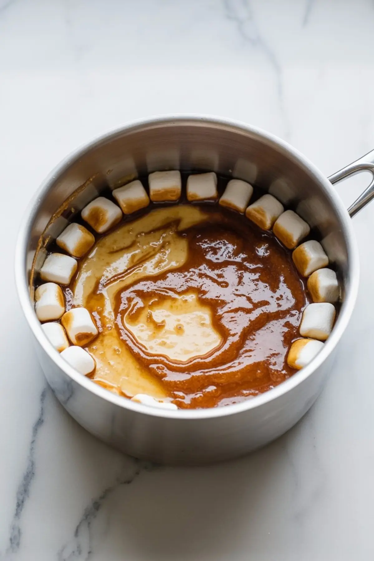 A saucepan contains semi-melted marshmallows ringed around a thick swirl of gingerbread-flavored mixture in the center, beginning the base for a sticky dessert.