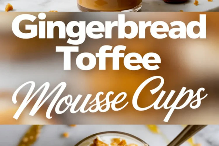 Pinterest collage featuring gingerbread toffee mousse cups. Top half displays layered mousse cups with whipped topping and cookies. Bottom half highlights a spoonful cut from a mousse cup showing caramel and creamy layers. Bold text reads “Gingerbread Toffee Mousse Cups.”