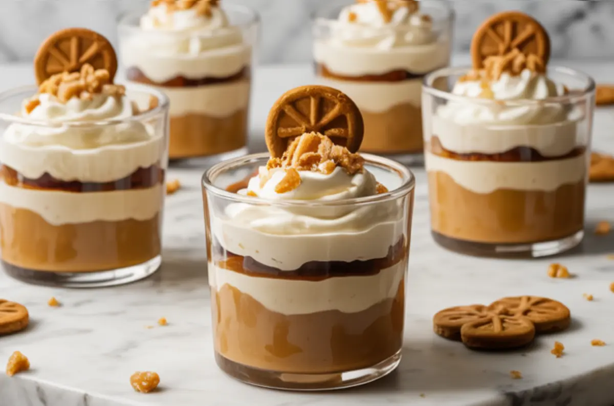 Glass dessert cups layered with gingerbread mousse, whipped cream, and toffee sauce, topped with crumbled cookie pieces and decorative cookies.