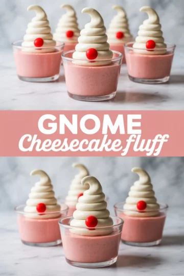 Image shows a collage of pink cheesecake fluff cups arranged on a marble surface. Each glass cup holds smooth strawberry-pink cheesecake fluff topped with a tall swirl of white cream shaped like a gnome hat and a single red candy nose. The lower section of the collage displays a centered pink banner with white text reading “Gnome Cheesecake Fluff,” framed by another view of the same dessert cups in soft natural light.