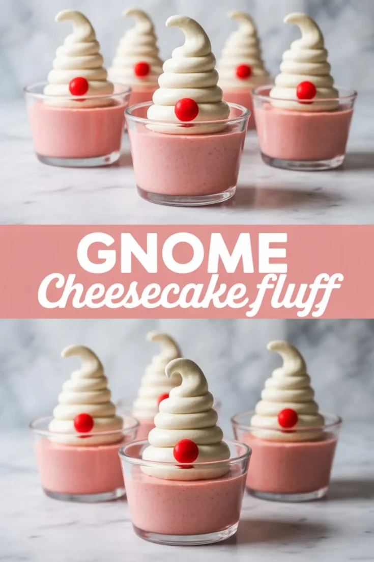 Image shows a collage of pink cheesecake fluff cups arranged on a marble surface. Each glass cup holds smooth strawberry-pink cheesecake fluff topped with a tall swirl of white cream shaped like a gnome hat and a single red candy nose. The lower section of the collage displays a centered pink banner with white text reading “Gnome Cheesecake Fluff,” framed by another view of the same dessert cups in soft natural light.