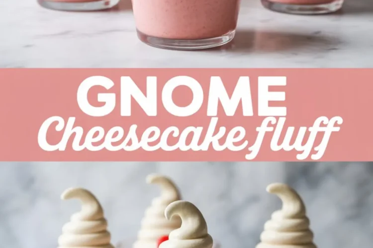 Image shows a collage of pink cheesecake fluff cups arranged on a marble surface. Each glass cup holds smooth strawberry-pink cheesecake fluff topped with a tall swirl of white cream shaped like a gnome hat and a single red candy nose. The lower section of the collage displays a centered pink banner with white text reading “Gnome Cheesecake Fluff,” framed by another view of the same dessert cups in soft natural light.