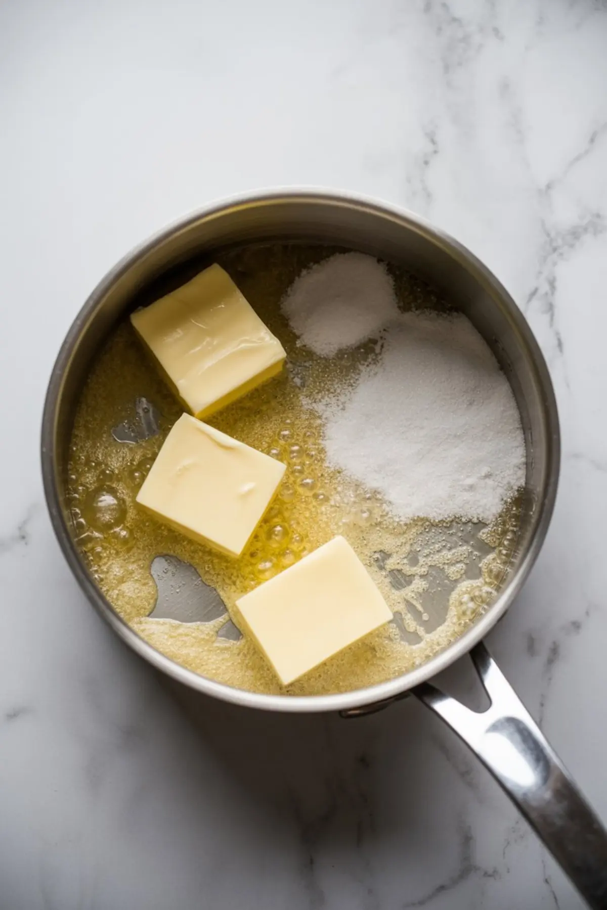 Overhead view of a saucepan with melting butter and granulated sugar on a marble surface, showing the beginning steps for making choux pastry dough for cream puffs or profiteroles.