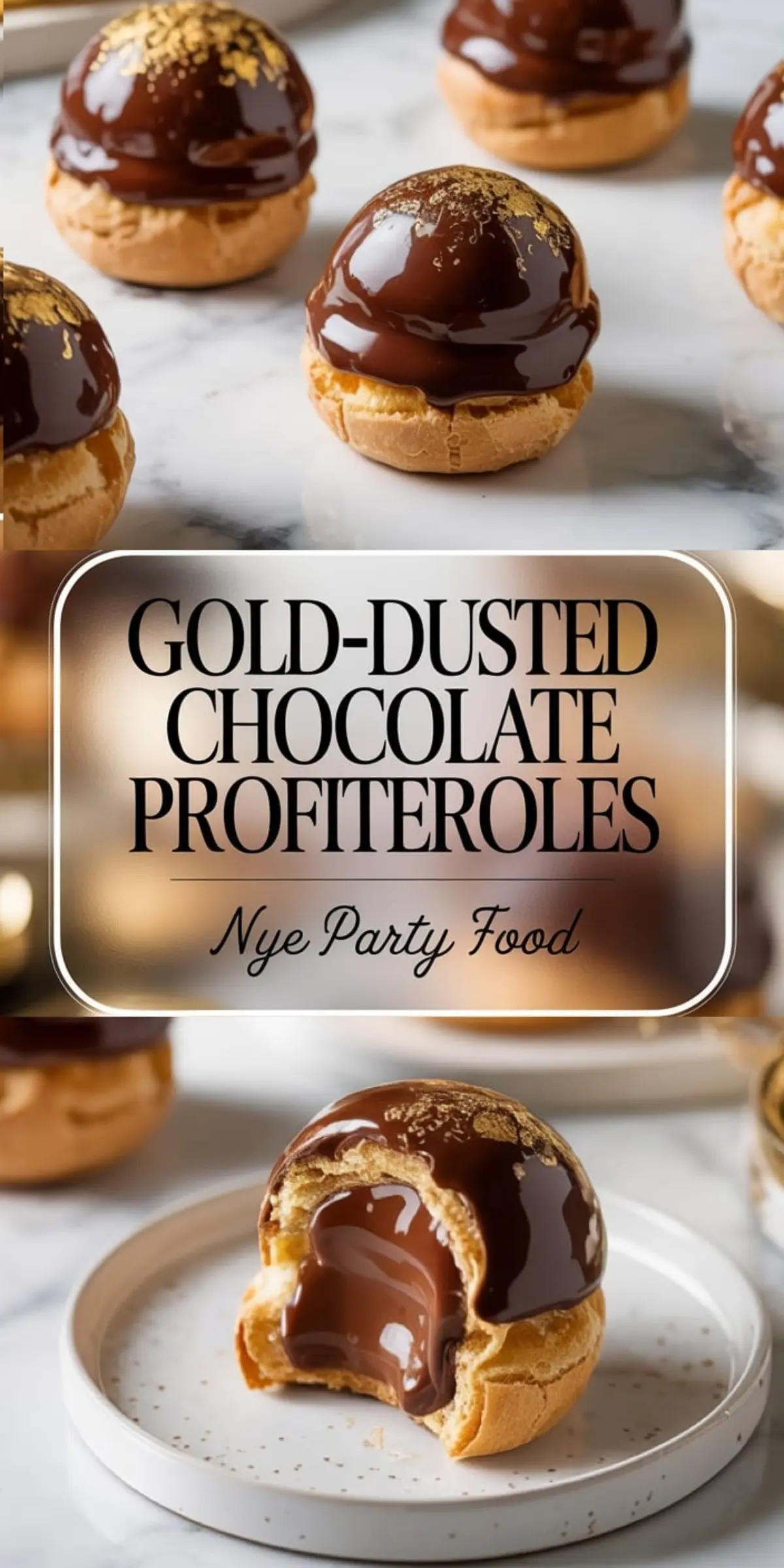 Vertical collage featuring gold-dusted chocolate profiteroles labeled as New Year’s Eve party food, with the top showcasing whole profiteroles on a marble background and the bottom focusing on a single bitten cream puff filled with smooth chocolate ganache.