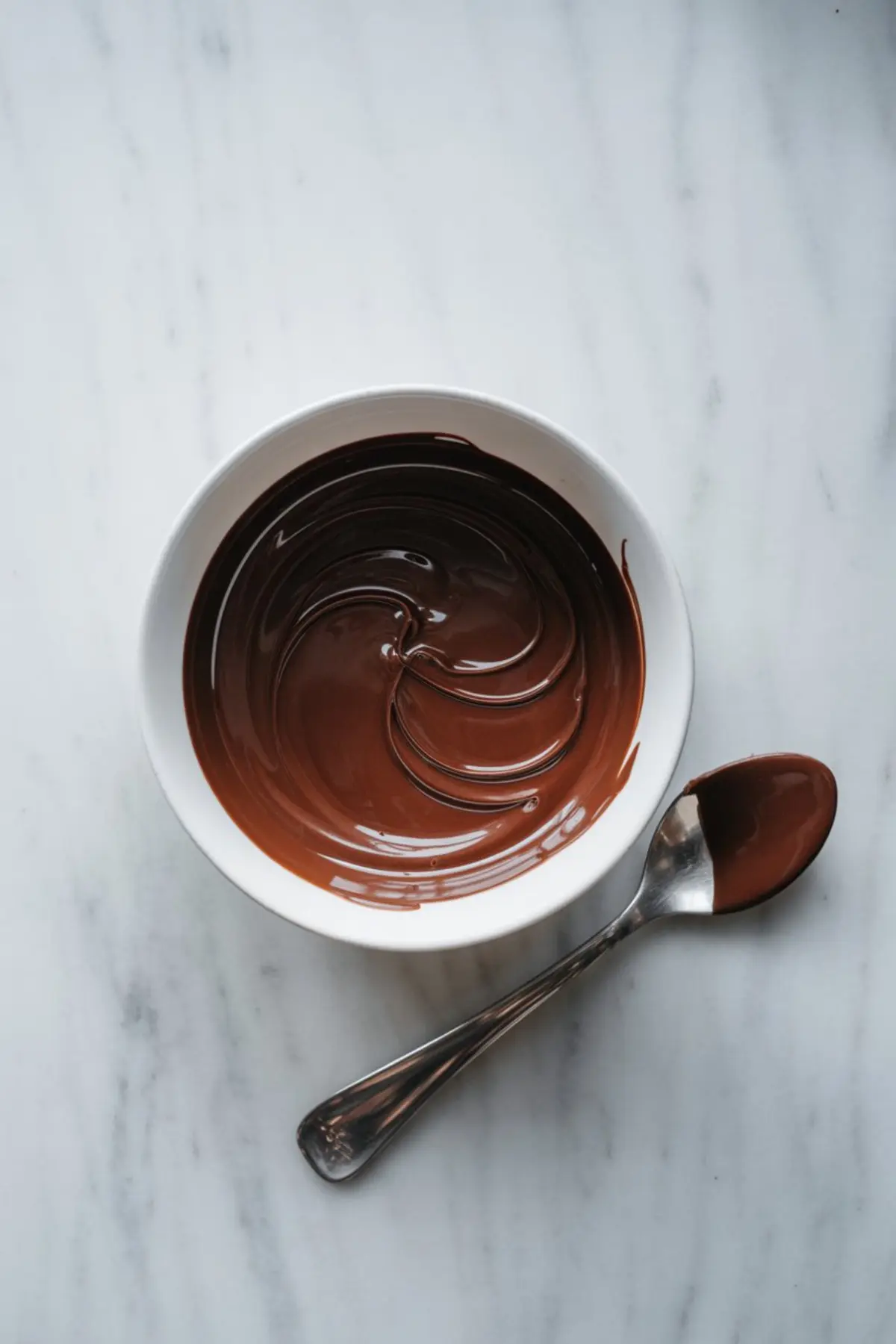 Overhead view of a bowl with glossy melted chocolate and a spoon coated in chocolate, styled on a white marble surface, showing preparation for dessert glazing or filling.