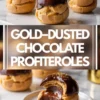 Three-part vertical collage showing gold-dusted chocolate profiteroles, with top and middle sections displaying cream puffs with shiny chocolate coating and gold decoration, and the bottom revealing the chocolate-filled center of a bitten profiterole on a ceramic plate.