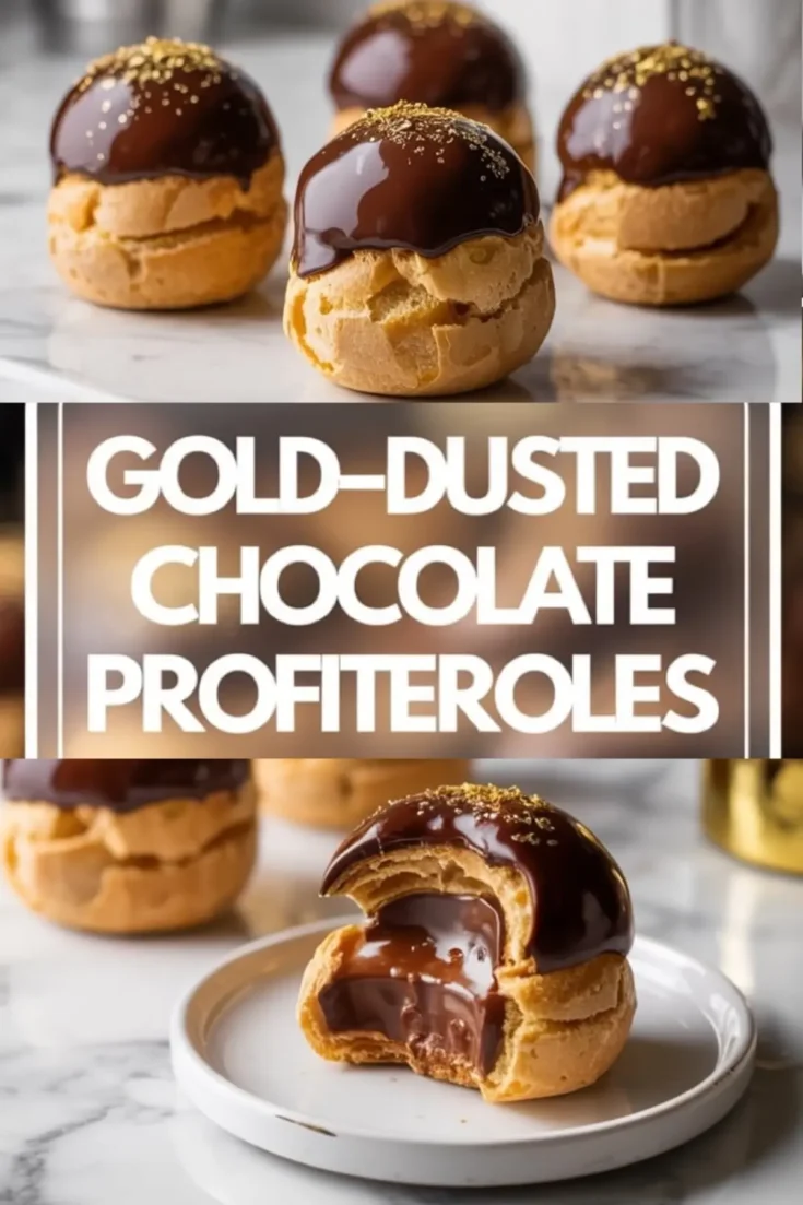 Three-part vertical collage showing gold-dusted chocolate profiteroles, with top and middle sections displaying cream puffs with shiny chocolate coating and gold decoration, and the bottom revealing the chocolate-filled center of a bitten profiterole on a ceramic plate.