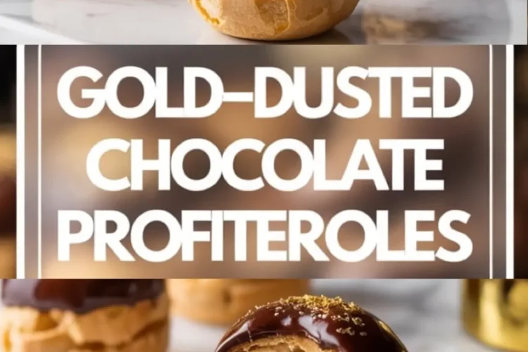 Three-part vertical collage showing gold-dusted chocolate profiteroles, with top and middle sections displaying cream puffs with shiny chocolate coating and gold decoration, and the bottom revealing the chocolate-filled center of a bitten profiterole on a ceramic plate.