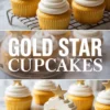 Golden vanilla cupcakes with piped white frosting and gold star toppers styled on a cooling rack, marble plate, and served on a dish, showcasing a bite-shot with moist crumb texture.