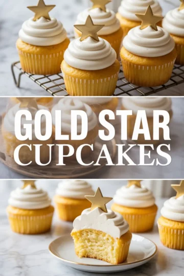 Golden vanilla cupcakes with piped white frosting and gold star toppers styled on a cooling rack, marble plate, and served on a dish, showcasing a bite-shot with moist crumb texture.