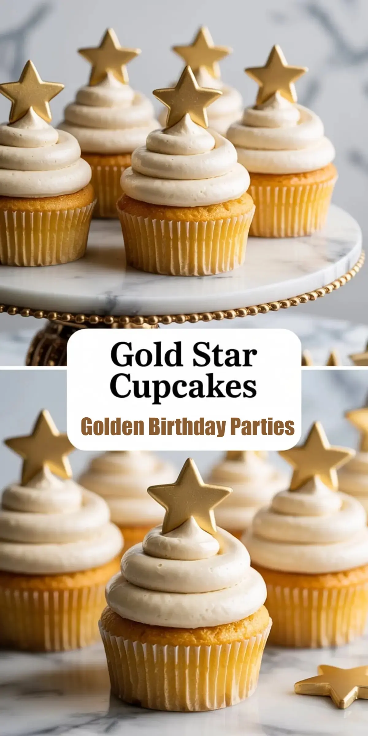 Vanilla cupcakes decorated with swirl frosting and metallic gold star toppers displayed on a round marble stand, labeled as Golden Birthday Parties with bold, modern text styling.