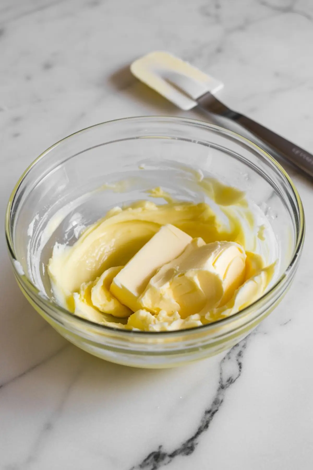 Partially softened butter and cream cheese in a mixing bowl placed on a marble countertop with a silicone spatula in the background.
