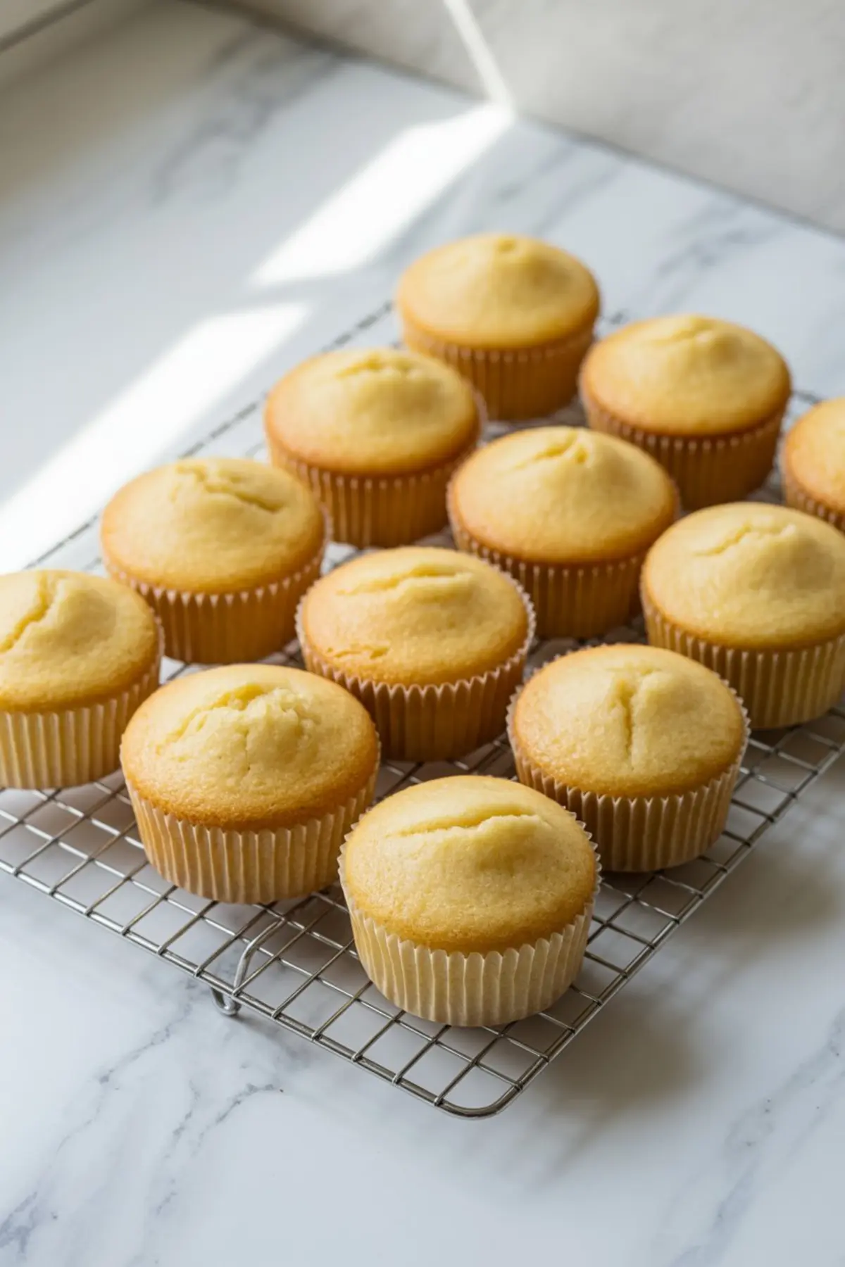 Freshly baked golden cupcakes cooling on a wire rack with domed tops and crisp edges, arranged in rows on a bright kitchen surface.