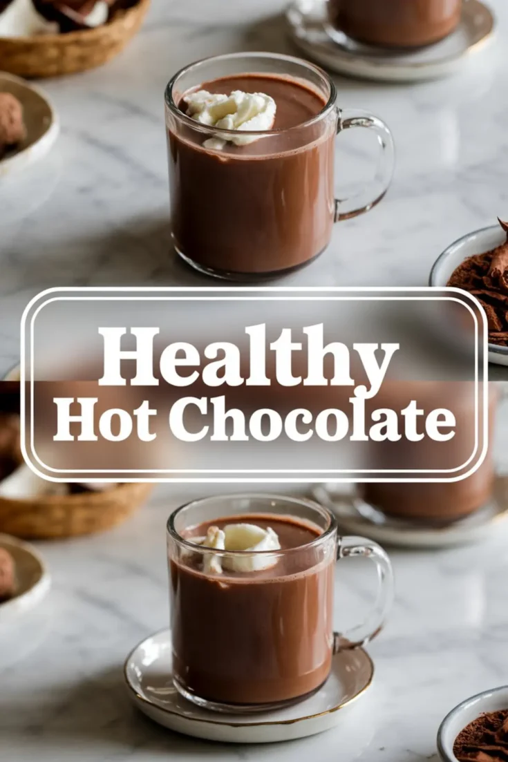 Glass mug of healthy hot chocolate topped with whipped cream on a marble surface. Soft background blur with cocoa and chocolate truffles around the frame.