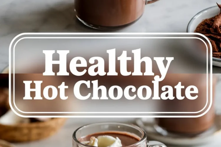 Glass mug of healthy hot chocolate topped with whipped cream on a marble surface. Soft background blur with cocoa and chocolate truffles around the frame.