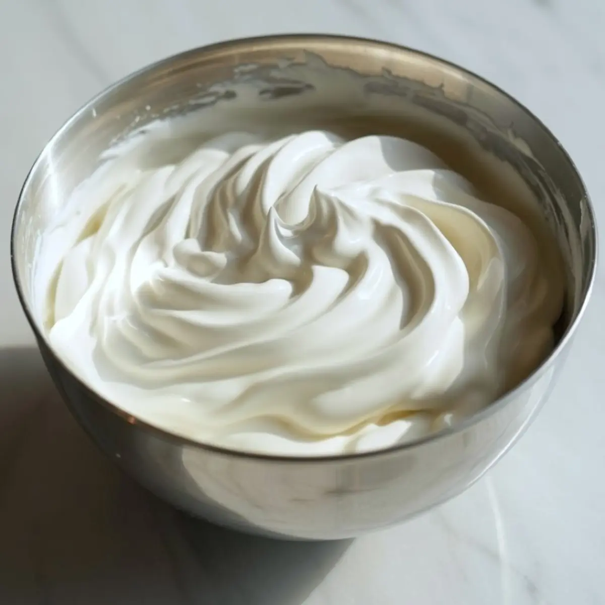 Thick, glossy whipped cream with soft peaks swirled in a stainless steel mixing bowl on a marble countertop.
