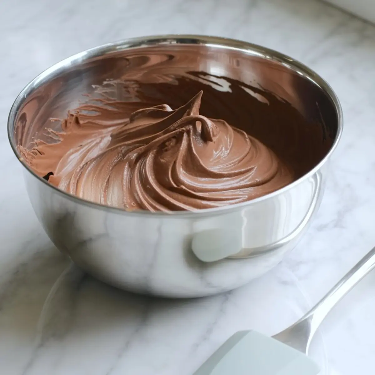 Smooth, airy chocolate mousse swirled in a metal mixing bowl, styled on a marble background with a rubber spatula.
