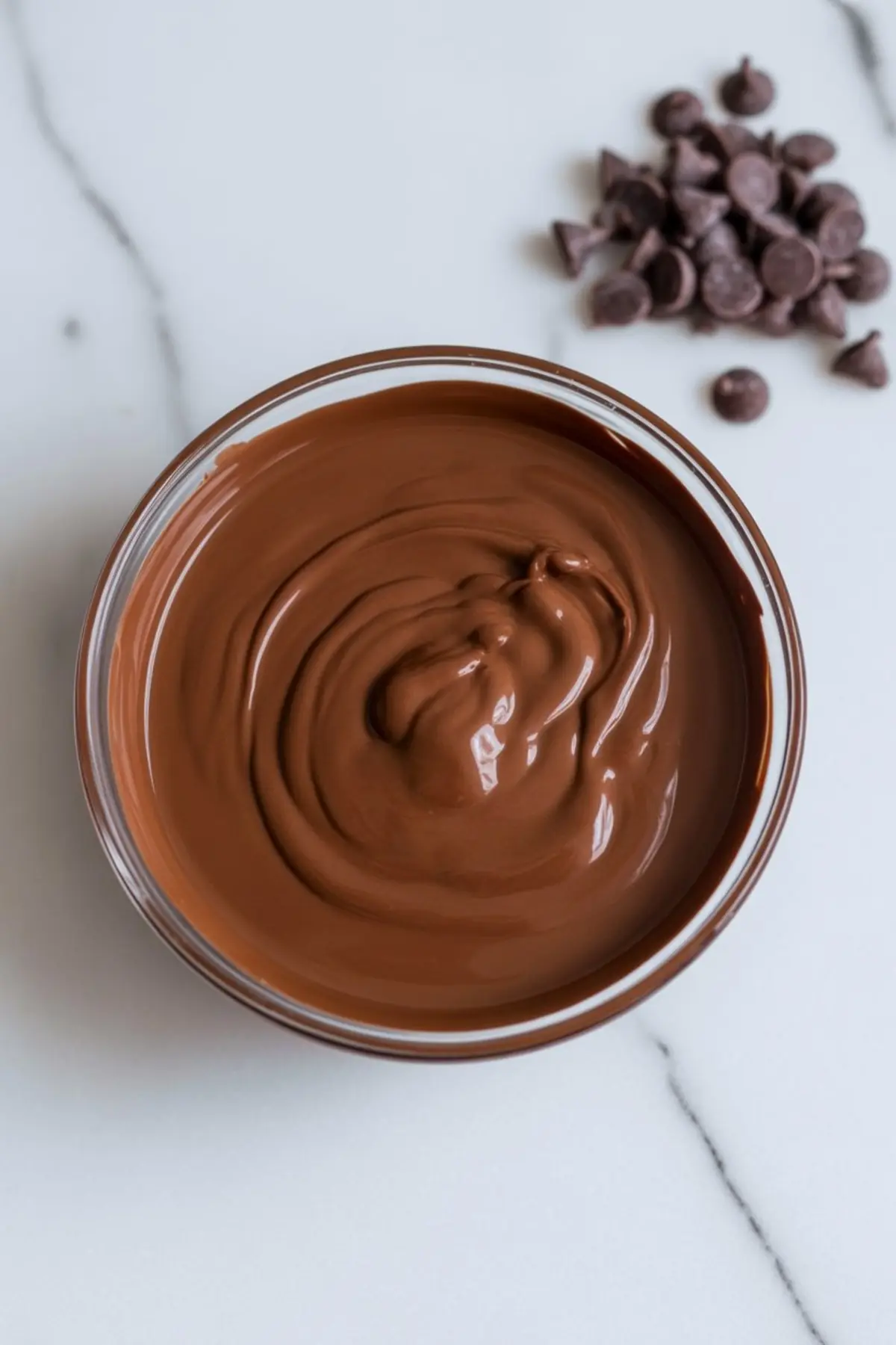 Glossy melted chocolate in a glass bowl placed on a white marble surface with chocolate chips scattered nearby.
