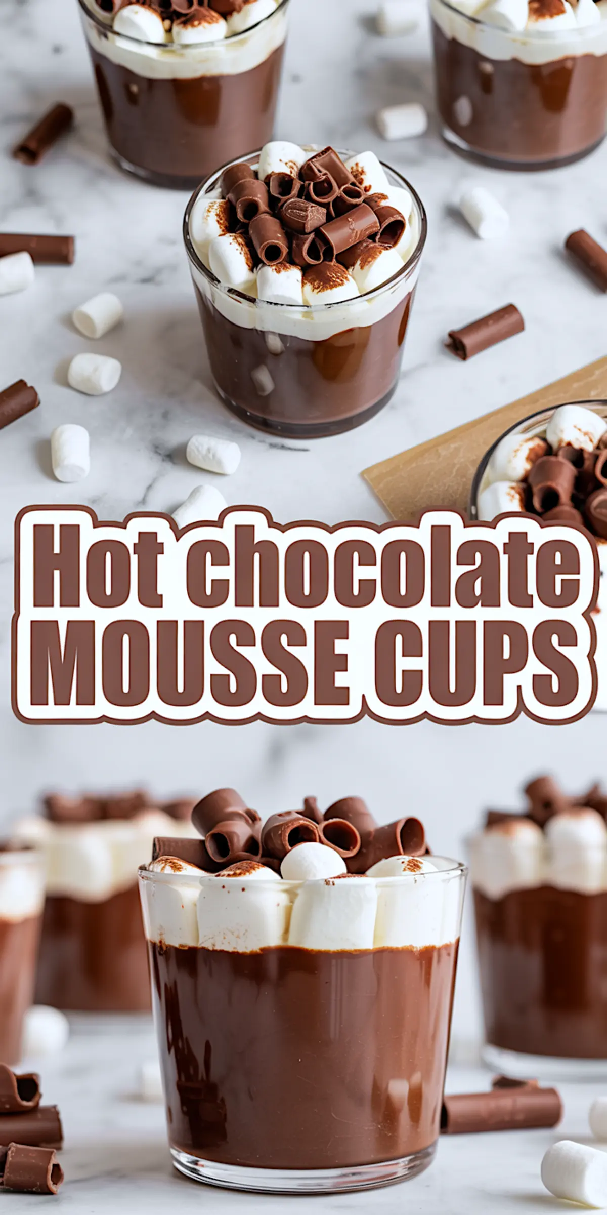 Glass cups filled with rich chocolate mousse, topped with piped whipped cream, mini marshmallows, and chocolate curls, styled on a marble surface with scattered marshmallows and chocolate curls.
