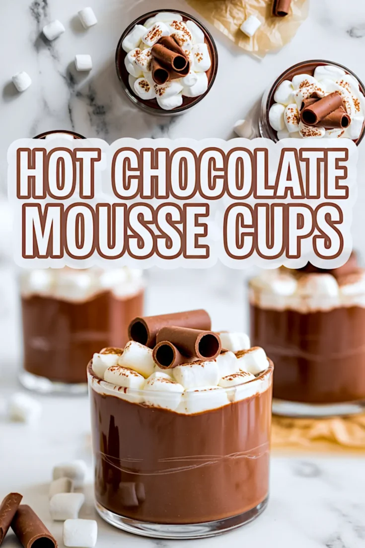Overhead and front views of chocolate mousse cups garnished with whipped cream, marshmallows, cocoa powder, and chocolate curls, styled on a white marble background with scattered ingredients.