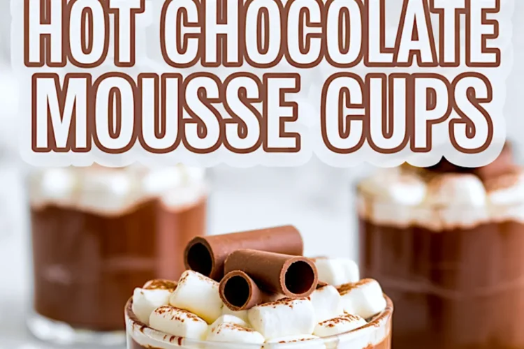 Overhead and front views of chocolate mousse cups garnished with whipped cream, marshmallows, cocoa powder, and chocolate curls, styled on a white marble background with scattered ingredients.
