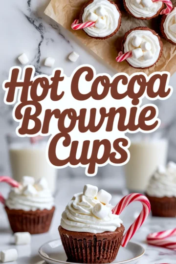 Top view of hot cocoa brownie cups topped with whipped cream, mini marshmallows, and candy canes arranged on parchment paper. Bottom view features a single decorated brownie cup on a plate, surrounded by marshmallows and glasses of milk on a marble background. Bold text overlay reads “Hot Cocoa Brownie Cups.”