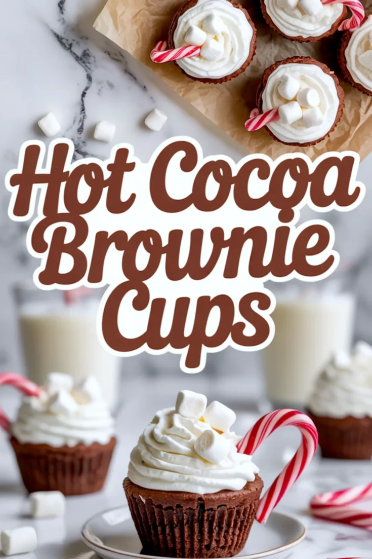 Top view of hot cocoa brownie cups topped with whipped cream, mini marshmallows, and candy canes arranged on parchment paper. Bottom view features a single decorated brownie cup on a plate, surrounded by marshmallows and glasses of milk on a marble background. Bold text overlay reads “Hot Cocoa Brownie Cups.”