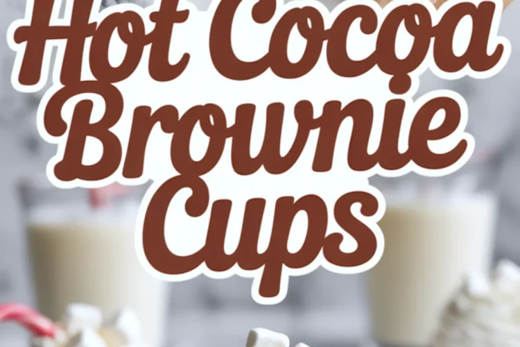 Top view of hot cocoa brownie cups topped with whipped cream, mini marshmallows, and candy canes arranged on parchment paper. Bottom view features a single decorated brownie cup on a plate, surrounded by marshmallows and glasses of milk on a marble background. Bold text overlay reads “Hot Cocoa Brownie Cups.”