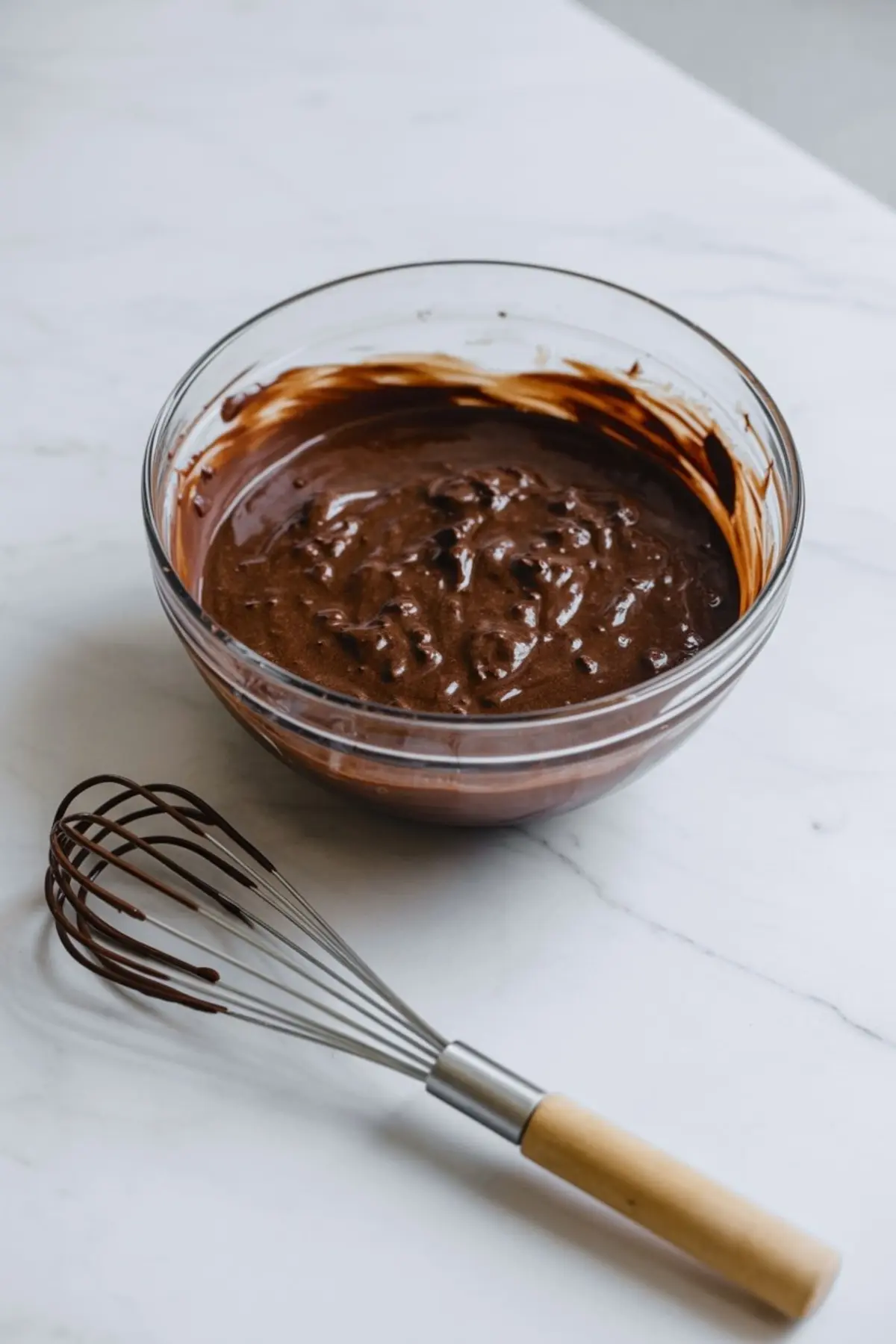 A glass mixing bowl filled with thick chocolate brownie batter sits on a white marble surface beside a whisk coated in chocolate.
