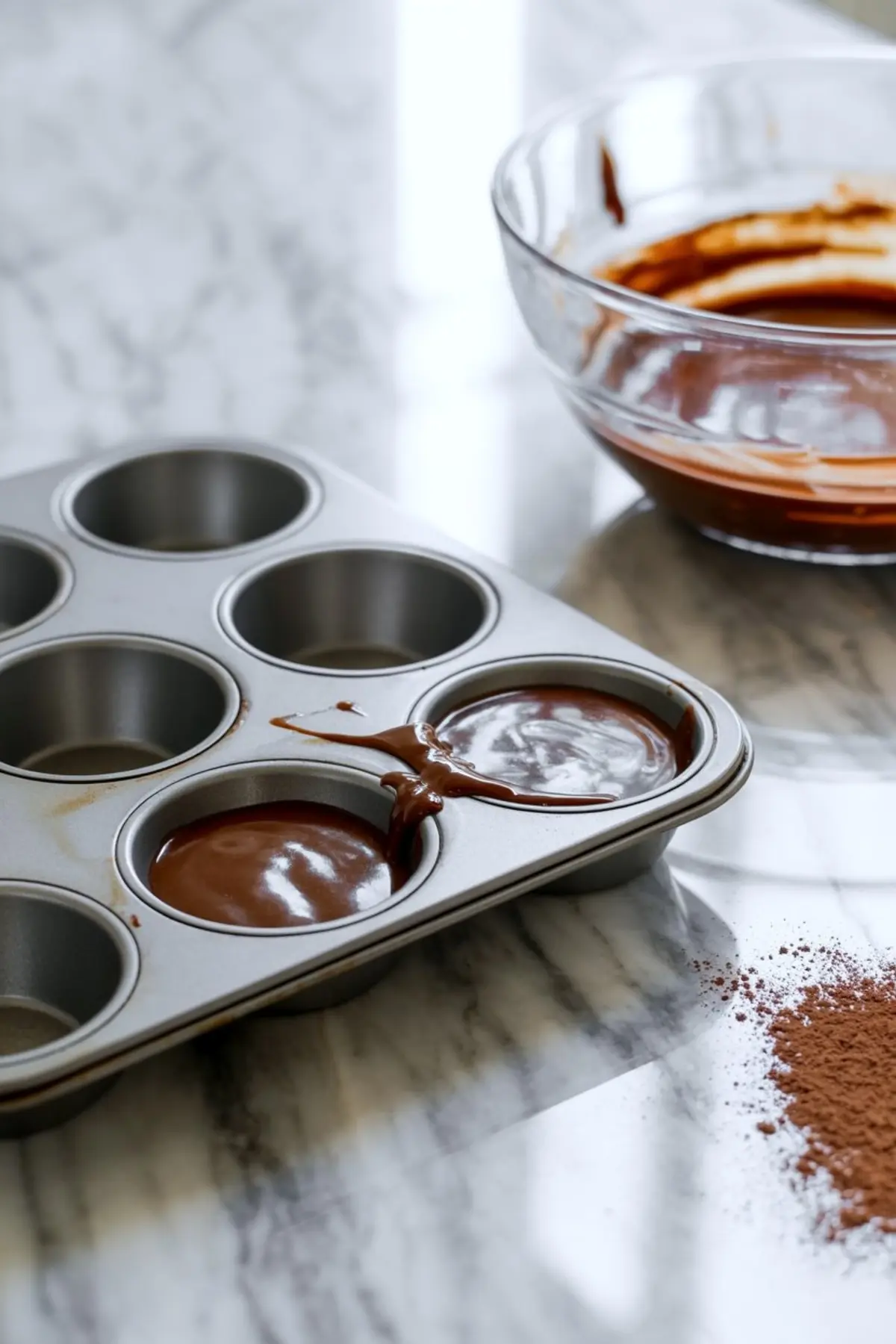 A metal muffin tin partially filled with chocolate brownie batter sits on a marble countertop next to a glass mixing bowl and scattered cocoa powder.