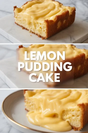 Vertical collage shows lemon pudding cake slices with creamy lemon sauce on top and bold text lemon pudding cake over soft yellow dessert background on marble counter.