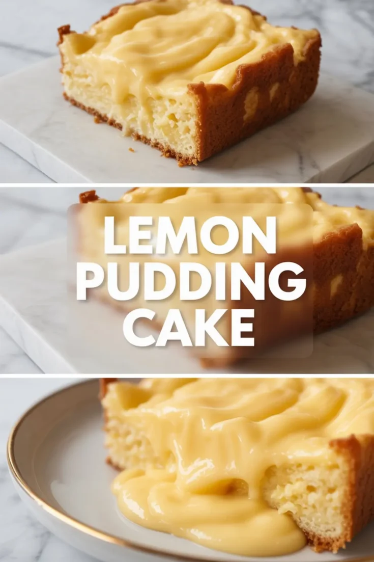 Vertical collage shows lemon pudding cake slices with creamy lemon sauce on top and bold text lemon pudding cake over soft yellow dessert background on marble counter.