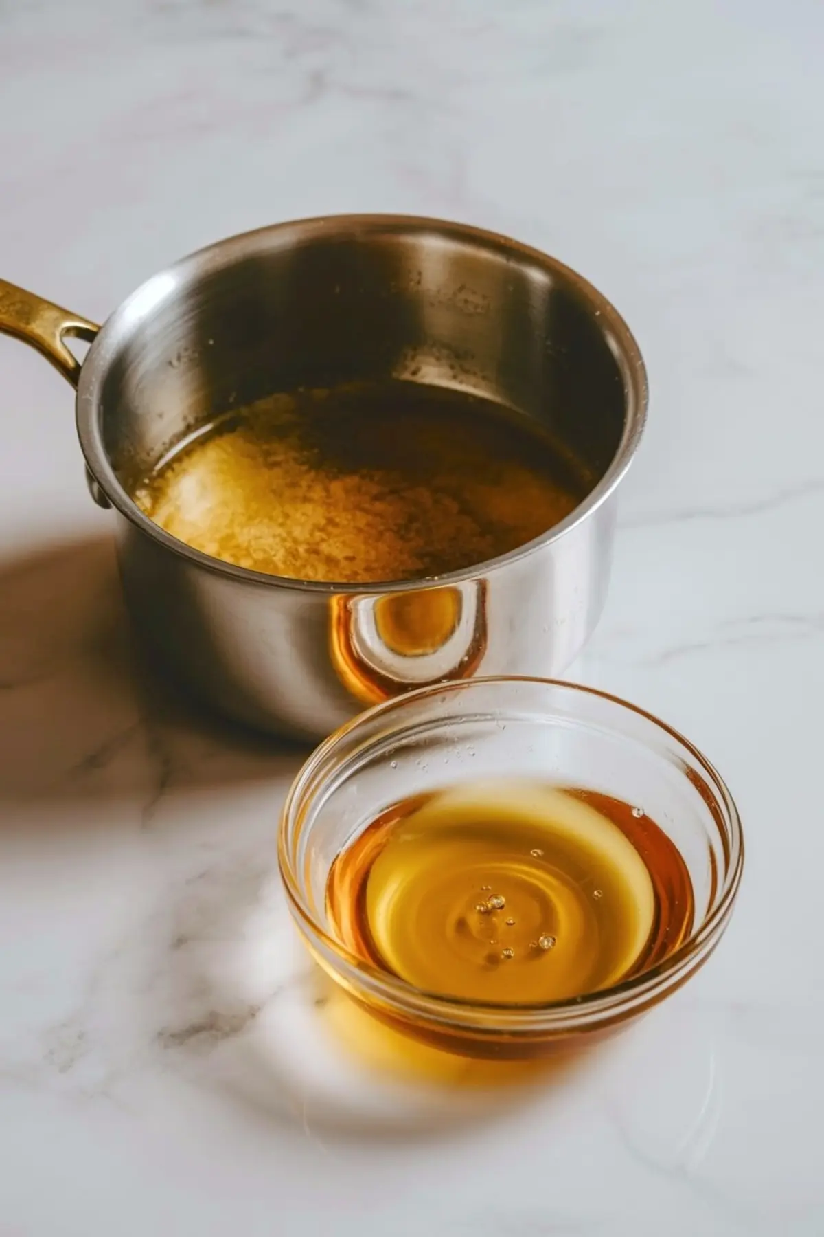 A stainless steel saucepan with melted brown butter sits on a marble surface beside a small glass bowl filled with maple syrup.