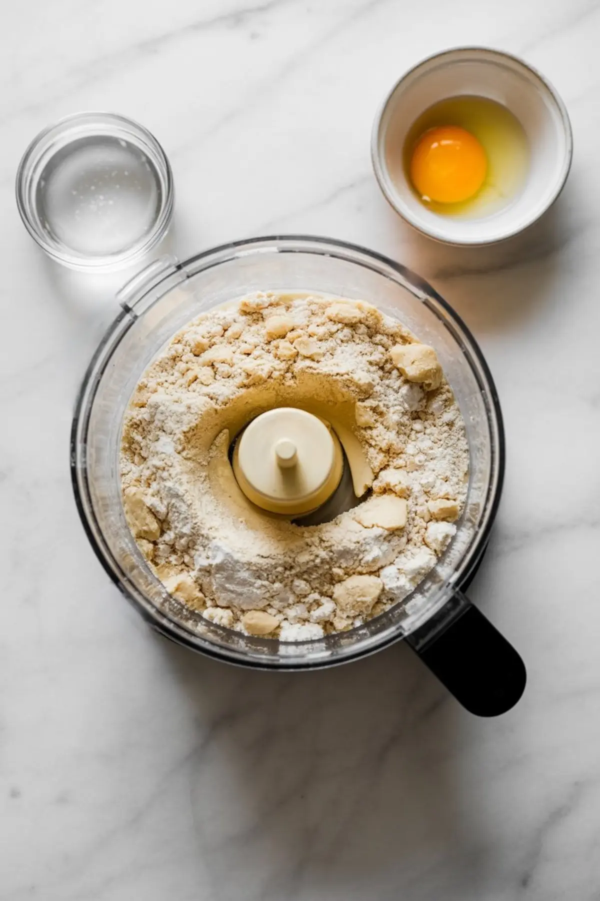 A food processor bowl holds flour and small pieces of butter with a cracked egg in a separate dish and a small glass of water nearby.