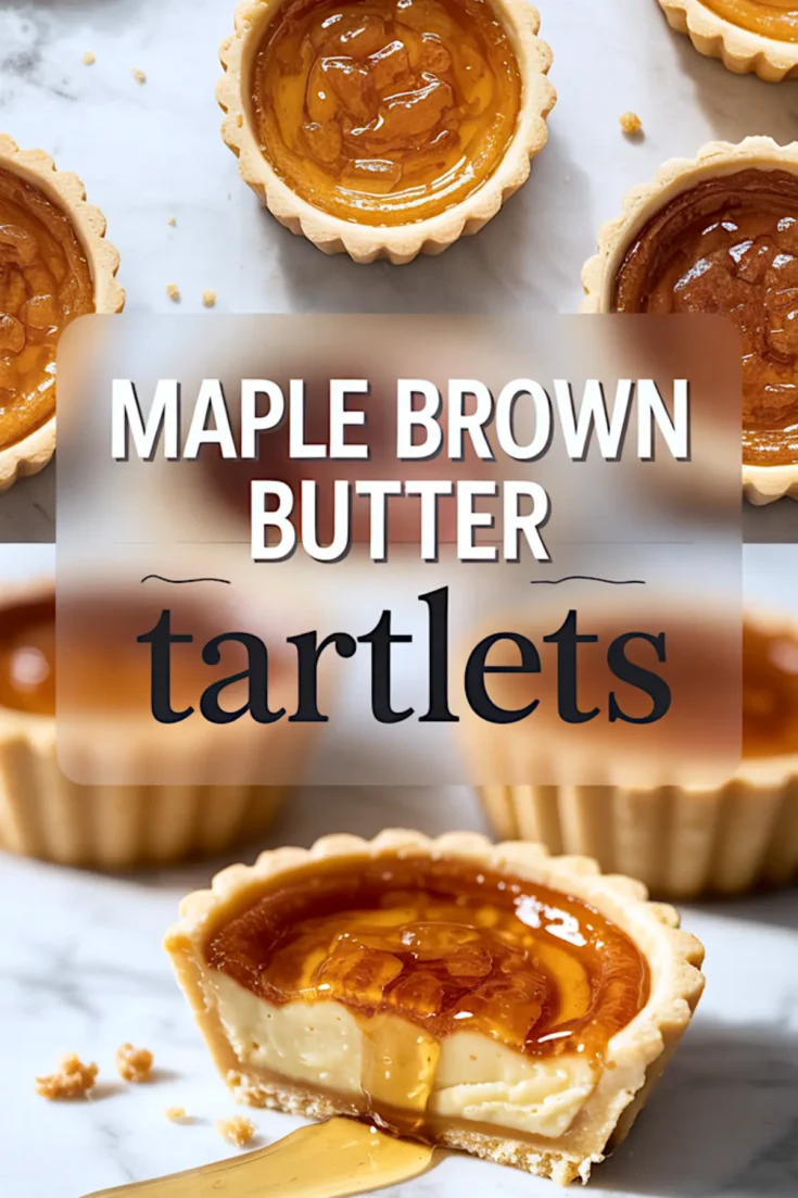 A collage shows maple brown butter tartlets with golden tops above a centered text label. A cut tart with creamy filling and maple syrup pooled at the base sits in the lower section.