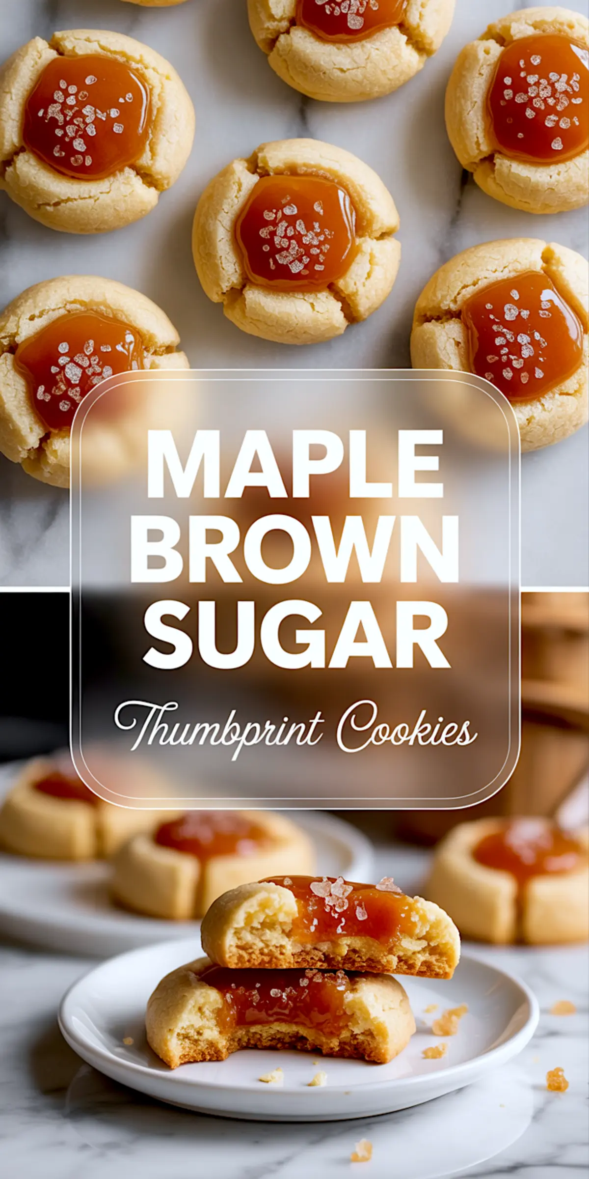 Two-panel image featuring maple brown sugar thumbprint cookies. The top part shows the cookies sprinkled with sugar crystals. The bottom panel highlights a bitten cookie on a white plate with glossy caramel and sugar topping. Text in center reads “Maple Brown Sugar Thumbprint Cookies.”

