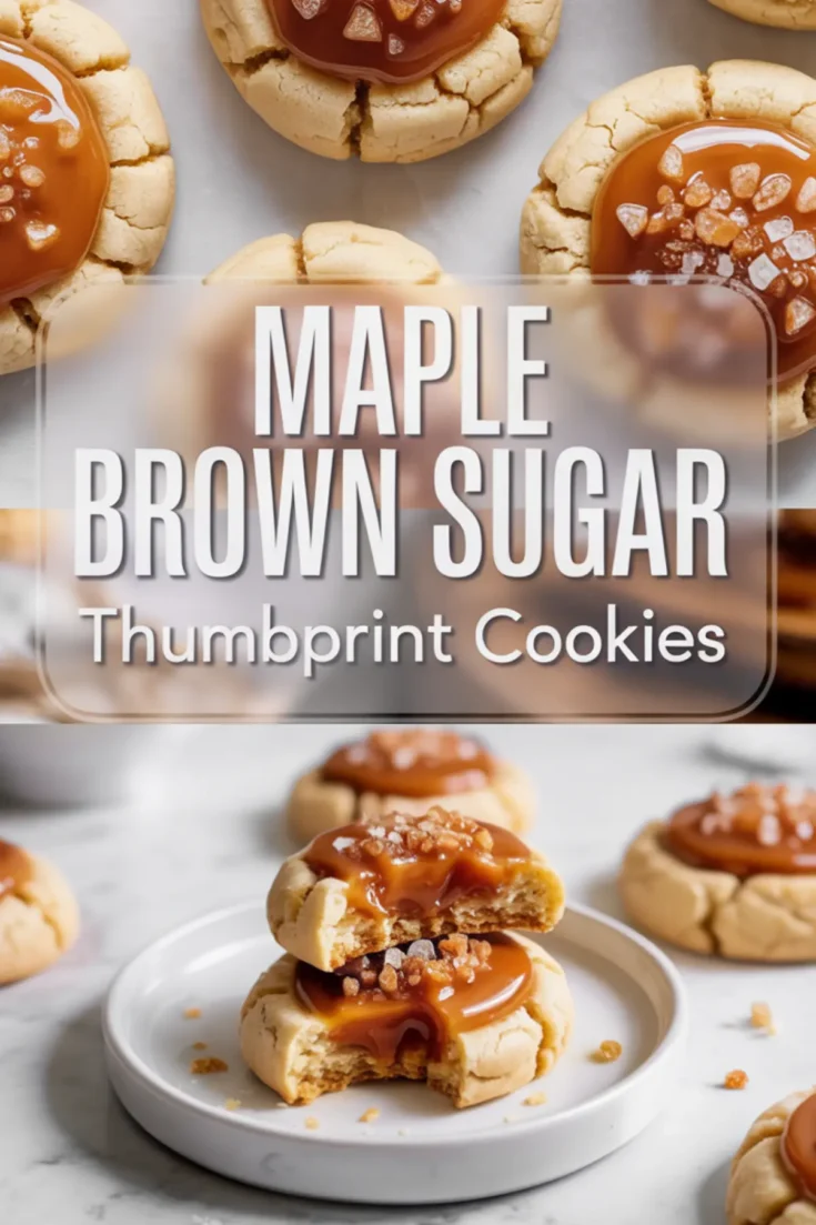 Pinterest collage showcasing maple brown sugar thumbprint cookies. The upper section captures golden cookies with thick caramel centers topped with sugar. The lower part focuses on stacked cookies with caramel filling dripping over the sides. Centered text reads “Maple Brown Sugar Thumbprint Cookies.”