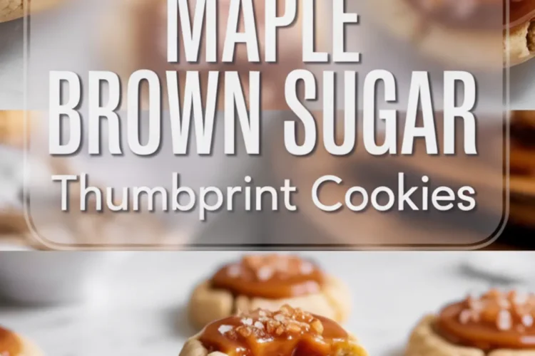 Pinterest collage showcasing maple brown sugar thumbprint cookies. The upper section captures golden cookies with thick caramel centers topped with sugar. The lower part focuses on stacked cookies with caramel filling dripping over the sides. Centered text reads “Maple Brown Sugar Thumbprint Cookies.”