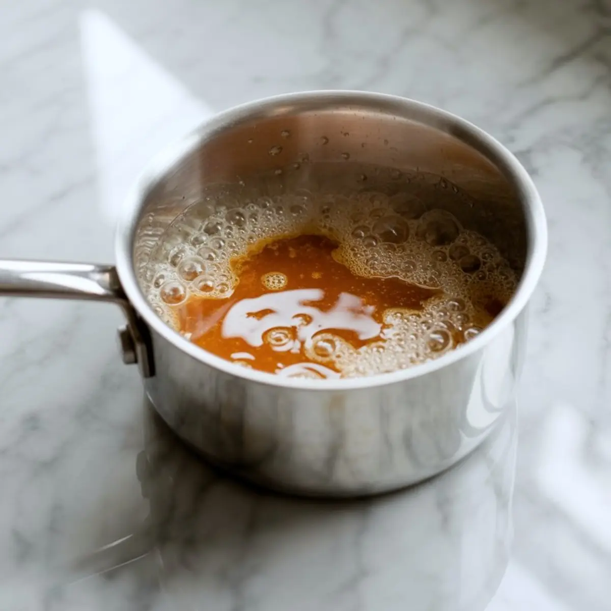 A stainless steel saucepan with bubbling amber maple syrup reduction on a marble countertop.
