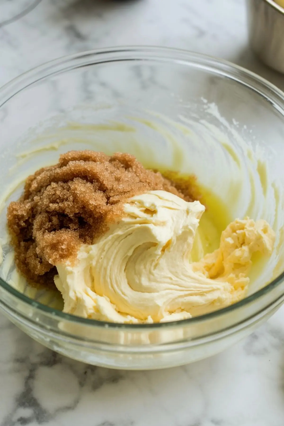 Glass mixing bowl with softened butter and packed brown sugar partially creamed together for cookie dough.

