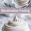 Side-by-side collage of a bowl of marshmallow frosting with a swirled peak and a whisk in the top half, and a close-up of a vanilla cupcake topped with smooth, piped marshmallow frosting in the bottom half. Bold text in between reads “Marshmallow Frosting.”