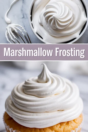 Side-by-side collage of a bowl of marshmallow frosting with a swirled peak and a whisk in the top half, and a close-up of a vanilla cupcake topped with smooth, piped marshmallow frosting in the bottom half. Bold text in between reads “Marshmallow Frosting.”